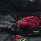 Applique Black Embroidered Mesh Lace Fabric With 3d Red Floral Design For Bridal Dresses