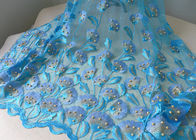 Luxurious Embroidery Ice Blue Beaded Lace Fabric With Ginkgo Leaf Gold Pearl