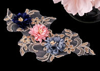 Corded Multi Color 3D Lace Applique With Three Flowers Gold Metallic