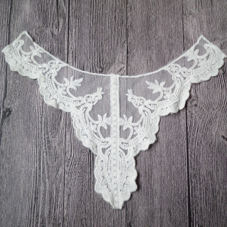 White Embroideried Lace Bridal Neckline Applique With Cotton On Nylon Mesh