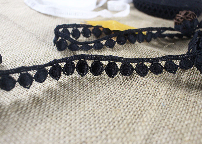 Water Soluble Flat Ball Black Lace Trim By The Yard , Chemical Polyester Lace Ribbon
