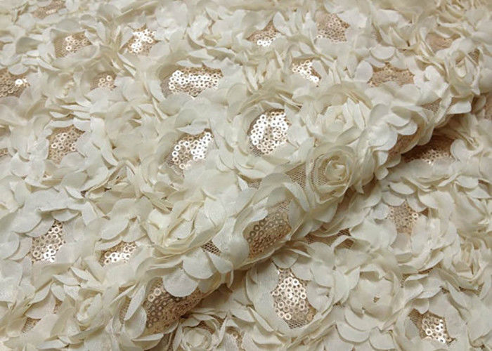 Romantic Champagne Rosette Sequin Lace Fabric , Nylon Bridal Mesh Fabric