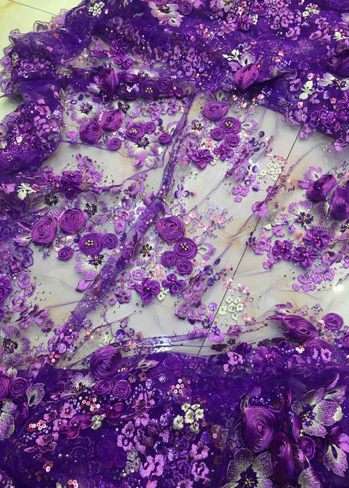 Luxury Guipure 3D Flower Lace Fabric For Apparel 135cm Width Purple