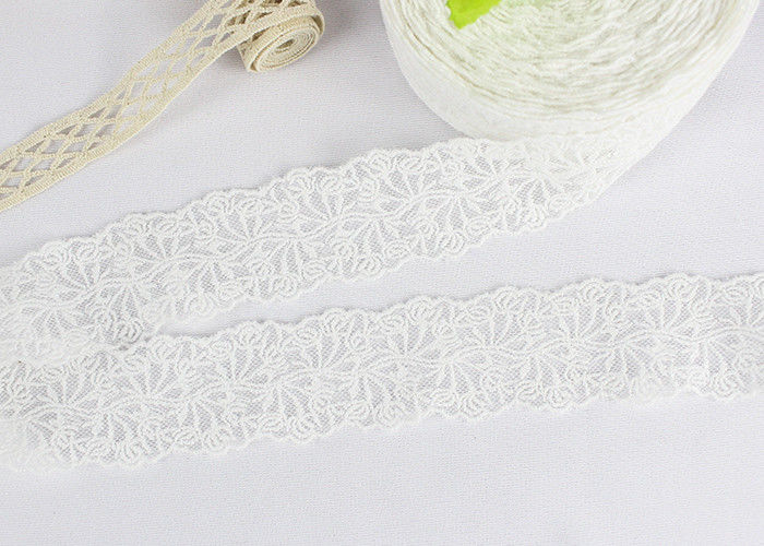 Floral Bridal Embroidered Lace Trim For Wedding Dress , White Cotton Net Lace Trim