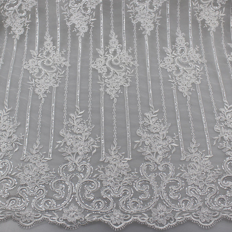 Floral Corded Embroidered Sequin Lace Fabric For Bridal Gowns Dresses