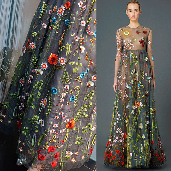 French Colorful Tulle Embroidered Bridal Lace Fabric For Evening Dress