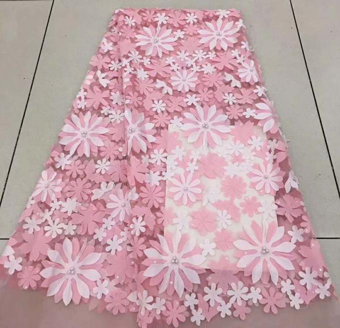 Pink 3D Flower Embroidered Mesh Lace Fabric , Sequin Beaded Lace Tulle