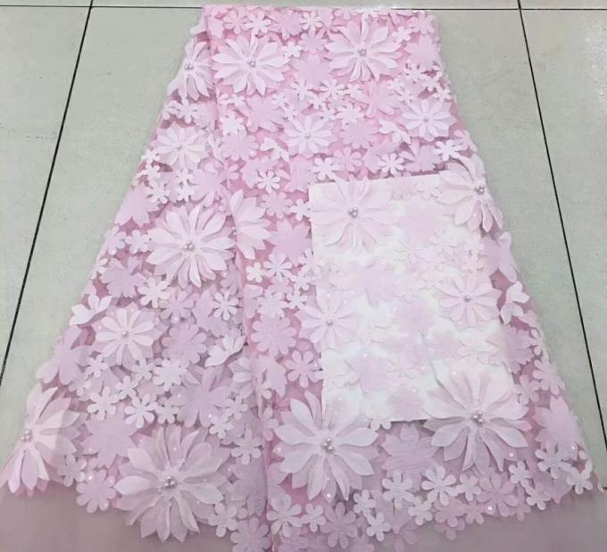 Pink 3D Flower Embroidered Mesh Lace Fabric , Sequin Beaded Lace Tulle