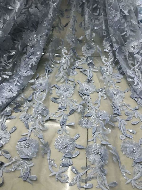 3D Flower Embroidered Sequin Tulle Beaded Lace Fabric For Wedding Dress