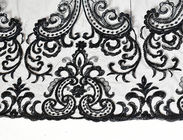 Black Floral Embroidery Alencon Lace Fabric With Beads , Ivory Wedding Lace Fabric
