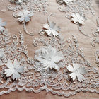 Beautiful White 3D Flower Lace Fabric , Double Edge Alencon Beaded Lace Fabric