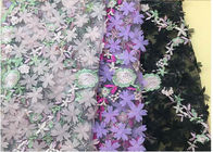 3D Flower Embroidered Stretch Mesh Fabric , Coloured Tulle Lace Fabric