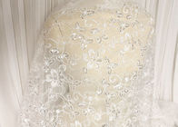 White Floral Embroidery Corded Lace Fabric With Beads And Sequins For Wedding Dress
