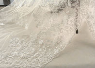 White Tulle Corded Bridal Stretch Lace Fabric , Floral Embroidered Wedding Dress Lace Fabric
