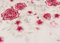 Polyester Red Rose Chemical Embroidered Tulle Lace Fabric For Wedding Dress