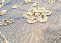 Embroidered White And Blue Sequin Floral Lace Fabric With Scalloped Edging
