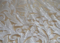 Scalloped Edge White Sequin Mesh Fabric For Party Gown Rich Leaves Design
