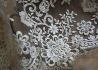 Silver Sequin Corded Lace Fabric , Embroidered Floral Wedding Tulle Fabric Shrink Resistant