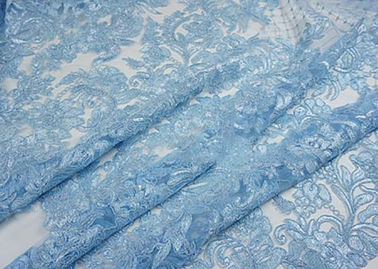 Blue Embroidery Floral Corded Lace Fabric With Sequin For Craft Make Gauze Dress