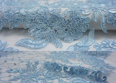 Blue Embroidery Floral Corded Lace Fabric With Sequin For Craft Make Gauze Dress