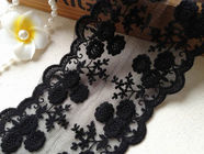 Black Flower Embroidery Tulle Mesh Nylon Lace Trim With Scalloped Edge 4.3'' Width