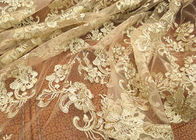 Gold Retro Scalloped Corded Lace Fabric , Polyester Embroidered Floral Tulle Fabric