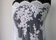 Embroidery Pearl Floral Corded Lace Fabric , White Bridal Lace Fabric With Scalloped Edge 