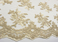 Golden Corded Floral Embroidered Tulle Fabric Scalloped Edge For Wedding Dresses