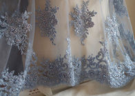 Blue Flower Embroidery Pearl Corded Lace Fabric With Eyelash Edge For Gown