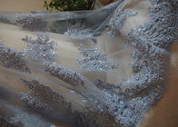 Blue Flower Embroidery Pearl Corded Lace Fabric With Eyelash Edge For Gown