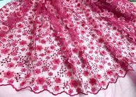 Colored Handmade 3D Flower Lace Fabric , Scalloped Embroidered Mesh Lace Fabric