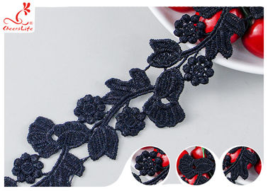 Black Floral Embroidery Edging Lace Trim Via Water Soluble With High Color Fastness Dye