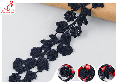 Black Floral Embroidery Edging Lace Trim Via Water Soluble With High Color Fastness Dye