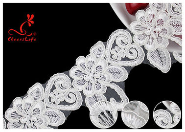 French Corded Nylon Wedding Lace Trim / Customized Embroidery Floral White Lace Ribbon