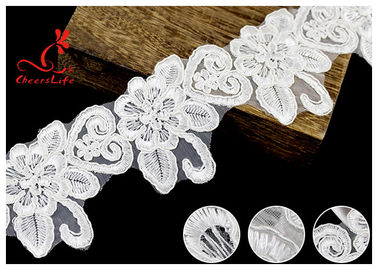 French Corded Nylon Wedding Lace Trim / Customized Embroidery Floral White Lace Ribbon