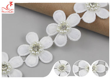 3D Floral Embroidered Trim With Bead Diamond For Dress Decoration 3.5 CM Width