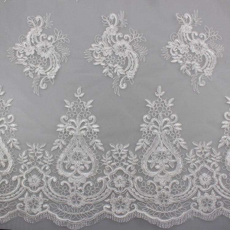 3D Eyelash Polyester Yarn On Nylon Mesh Corded Embroidery Lace Fabric For Bridal