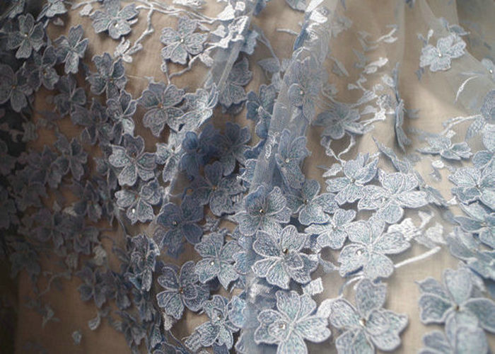 Royal Blue Embroidery Tulle Lace Fabric With 3D Flowers For Haute Couture