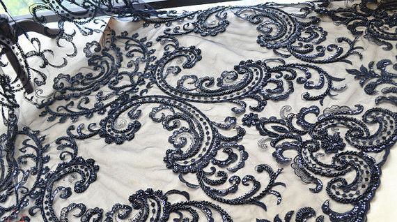 Black Heavy Beaded Mesh Fabric By The Yard , Embroidered Net Fabric With Beads