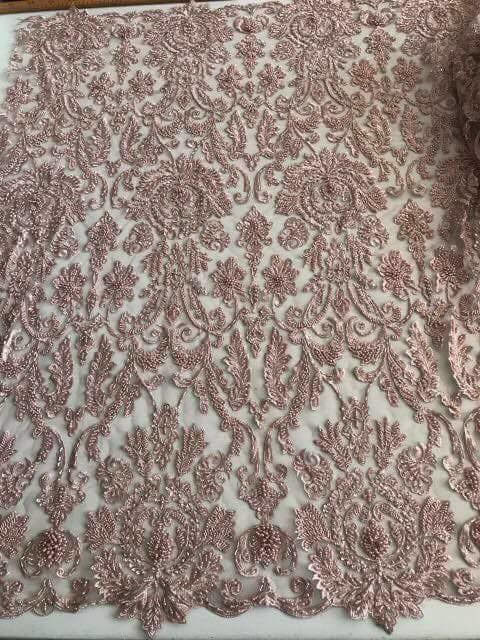 Bridal Pearl Heavy Beaded Lace Fabric , Wedding Dress Beaded Embroidered Lace