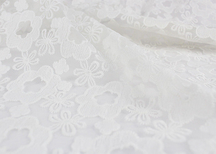 3D Polyester White Embroidered Lace Fabric , Wedding Dress / Wedding Gown Lace Fabric