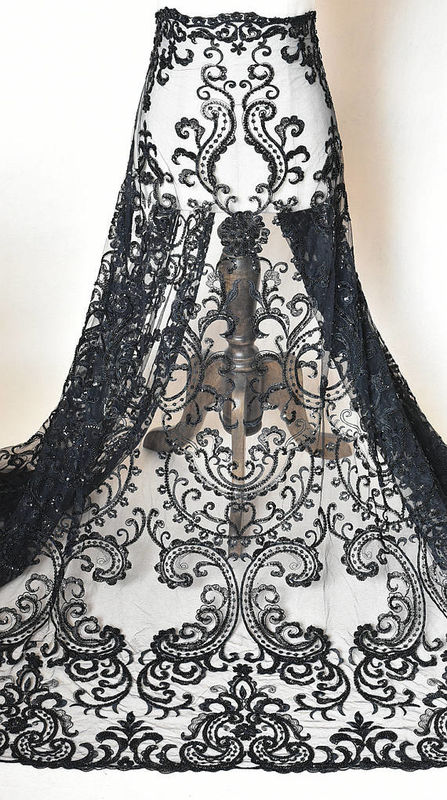 Black Floral Embroidery Alencon Lace Fabric With Beads , Ivory Wedding Lace Fabric