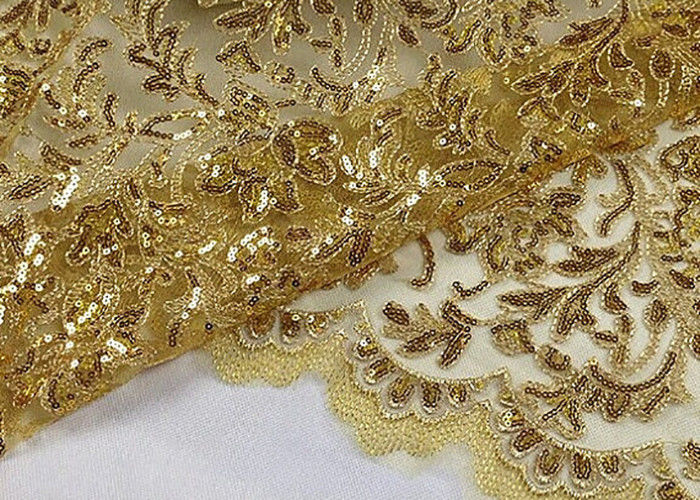 Stretch Golden Lurex Sequin Lace Fabric , Nylon Mesh Fabric With Sequin Golden Thread