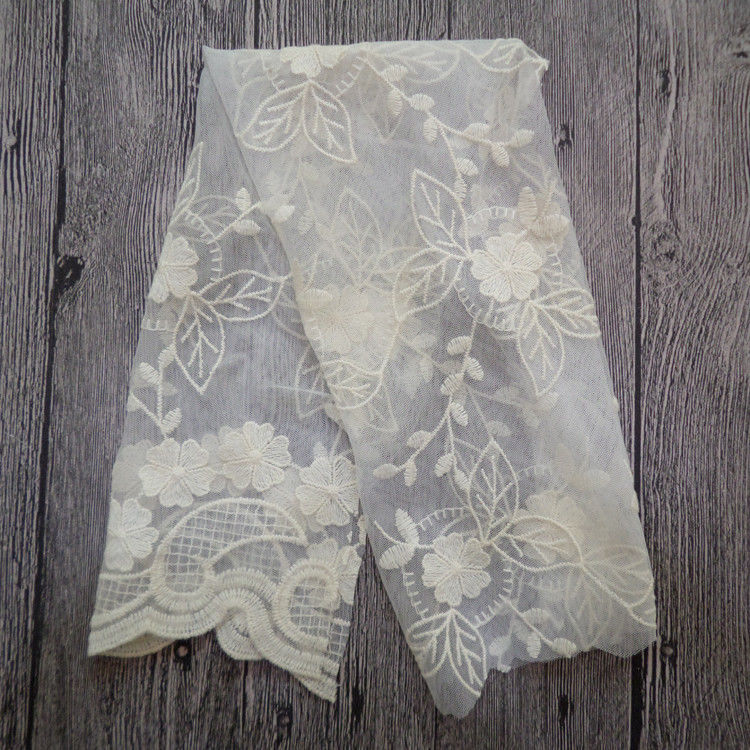 White Embroidered Mesh Ivory Floral Lace Fabric , 130cm Wide Cotton Lace Dress Fabric
