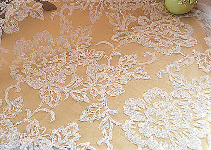Embroidered Floral Sequin Netting Fabric , Sequin Tulle Fabric For Ivory Wedding Dresses
