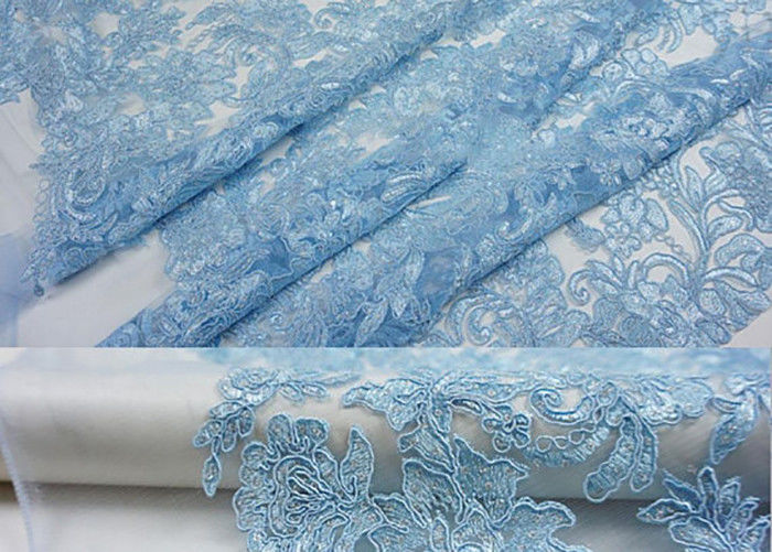 Blue Embroidery Floral Corded Lace Fabric With Sequin For Craft Make Gauze Dress