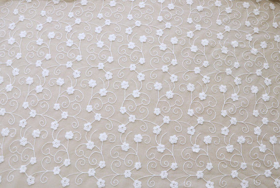 51'' Width White Embroidered Tulle Nylon Lace Fabric , Floral Stretch Lace Fabric