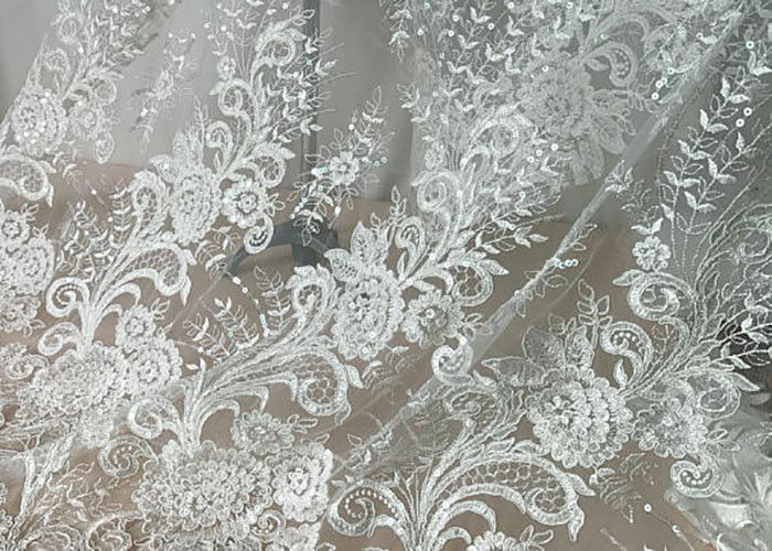 Embroidered Floral Sequin Tulle Lace Fabric For Bridal Couture Polyester Nylon Material