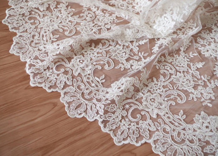 Retro Embroidery Ivory Bridal Lace Fabric / Stretch Tulle Fabric For Wedding Dresses