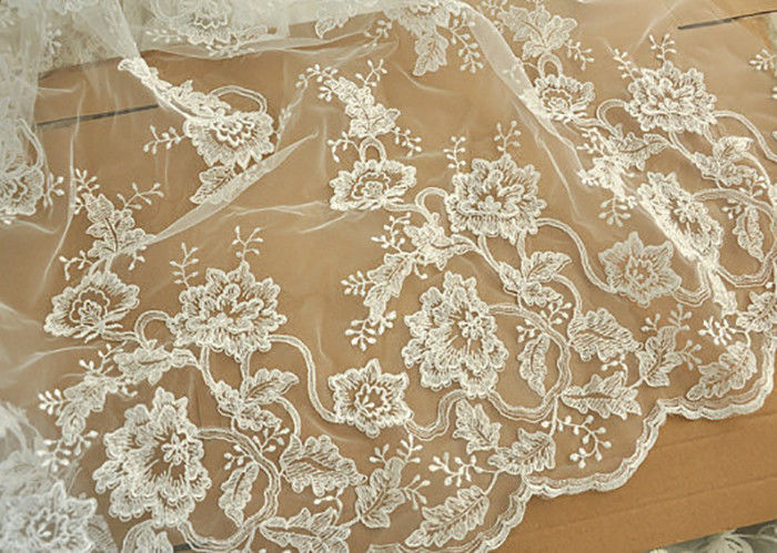 Off White Wedding Dress Tulle Lace Fabric , Embroidery Beaded Ivory Bridal Lace Fabric